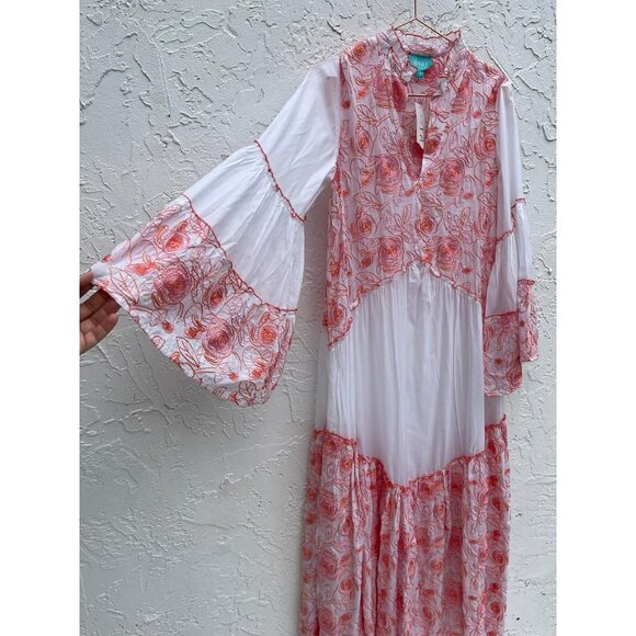 TAJ Sabrina Womens Long Sleeve Embroidered Floral St Barth Dress Red White S - Picture 5 of 11